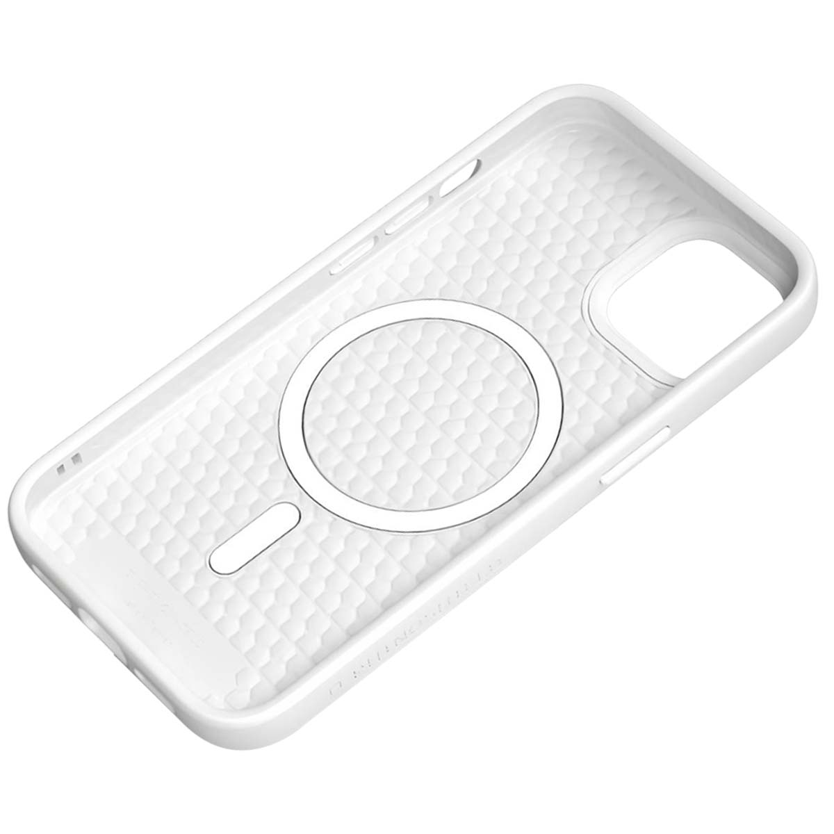 Una custodia bianca per telefono con un'area di ricarica magnetica circolare. Ha un interno strutturato e ritagli per fotocamera e pulsanti.