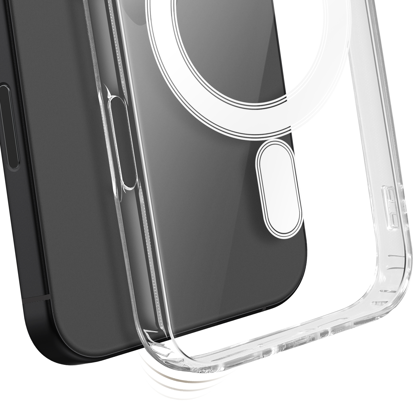 Una custodia trasparente con un telefono nero all'interno. Cerchi e rettangoli bianchi sono visibili sul retro del telefono.