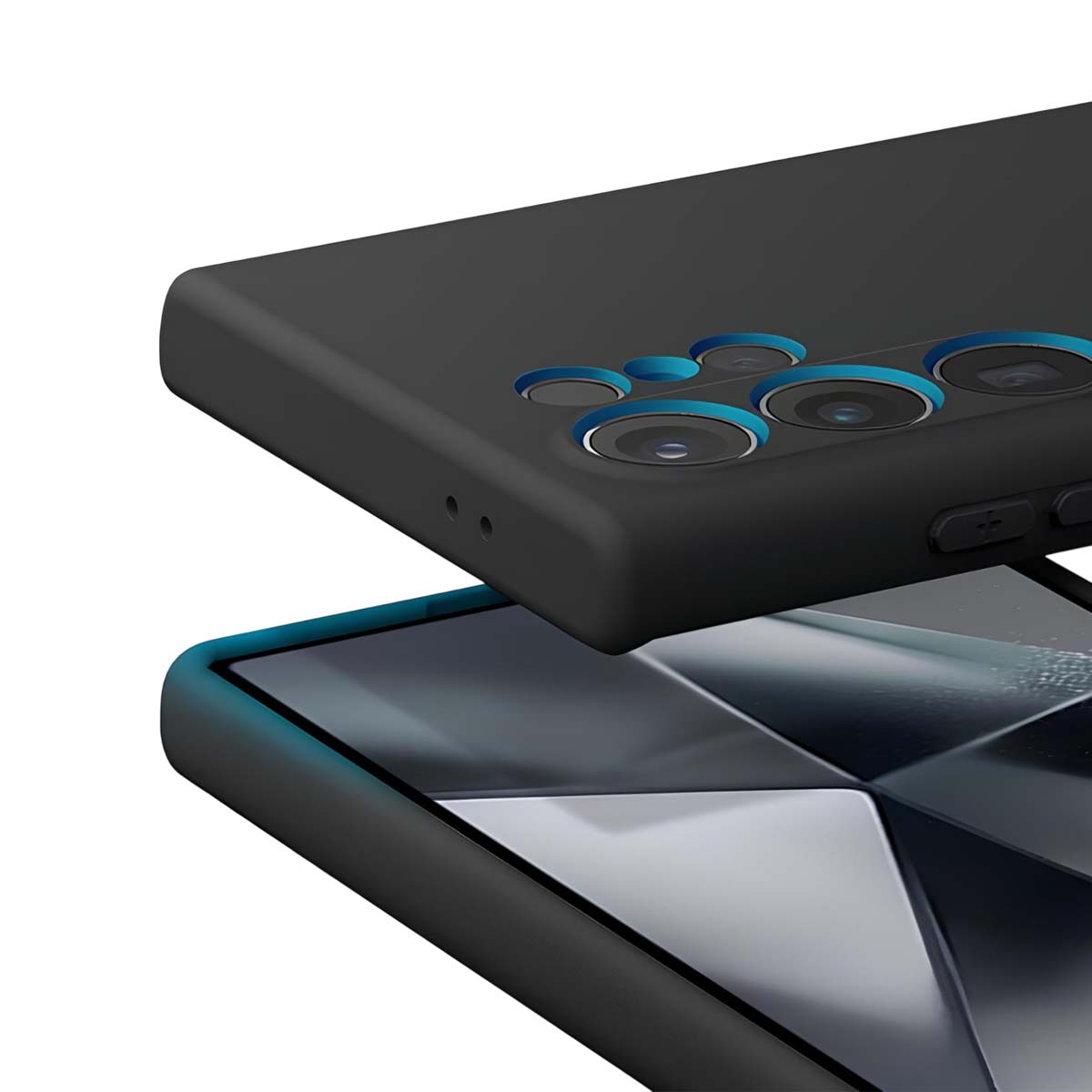 Primo piano di una custodia per telefono nera. La custodia presenta più ritagli per la fotocamera con dettagli blu. Sotto, un altro telefono con schermo.