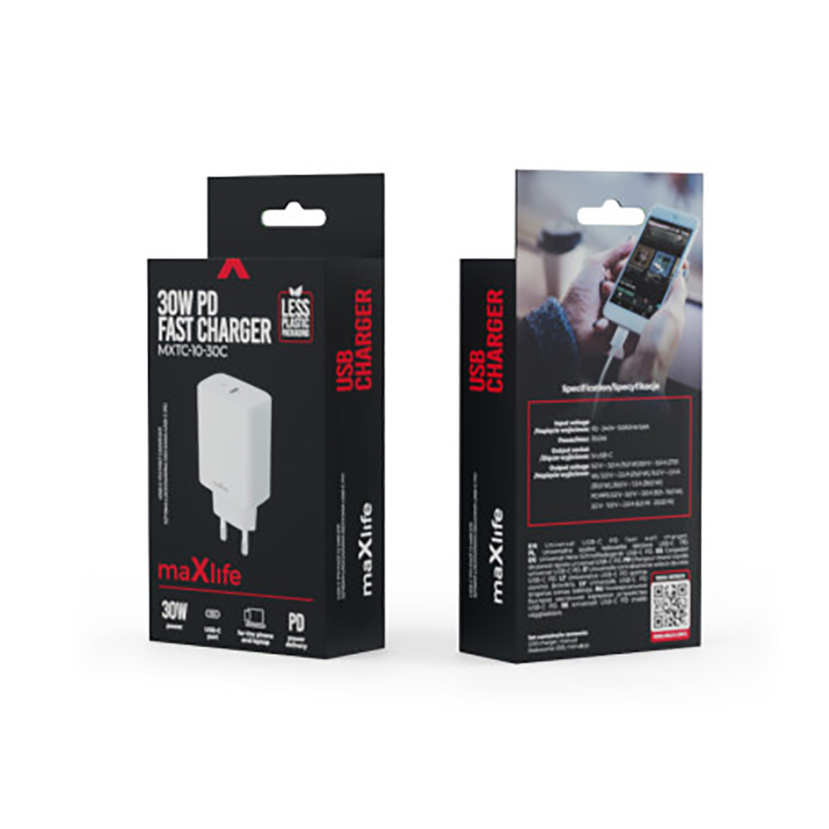 Zwei schwarze Kartons mit 'maXlife' und 'USB CHARGER'. Eine Schachtel zeigt ein Ladegerät, die andere ein ladendes Telefon.