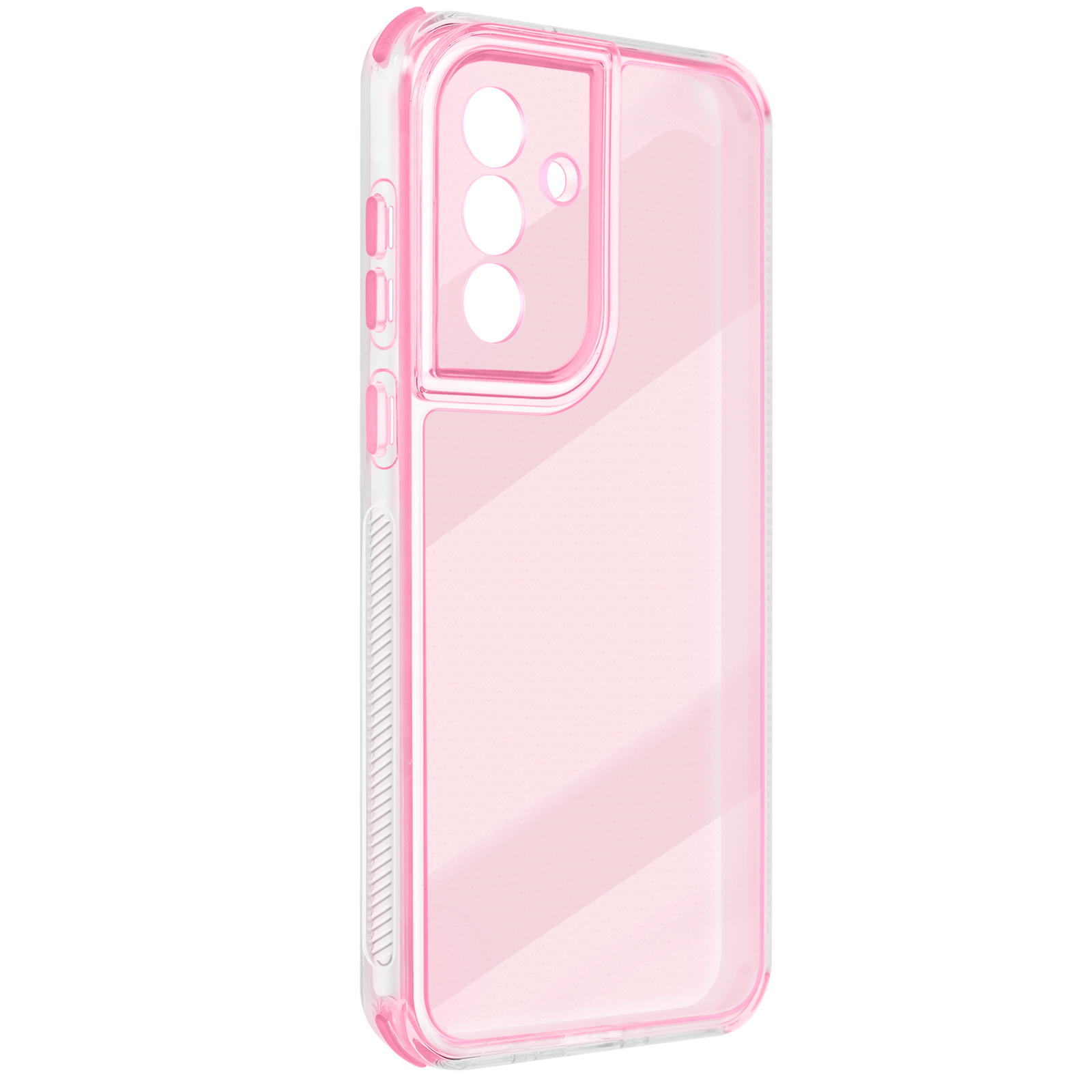 Une coque de téléphone transparente avec un cadre et un intérieur roses. Avec des découpes pour la caméra et les boutons.