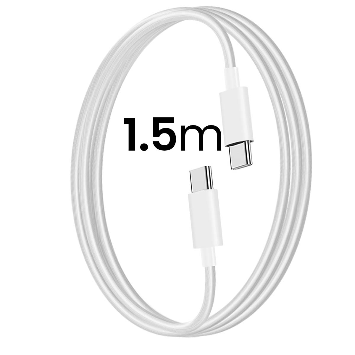 Ein weißes USB-C-Ladekabel, aufgerollt. Der Text '1,5m' ist auf dem Kabel aufgedruckt.