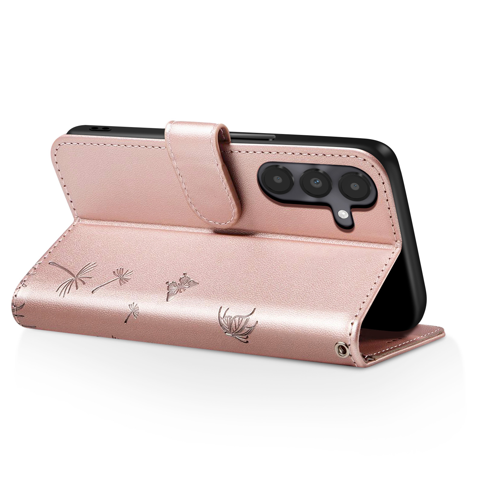 Una custodia per telefono oro rosa, aperta, mostra un telefono nero. Farfalle e motivi floreali in rilievo.