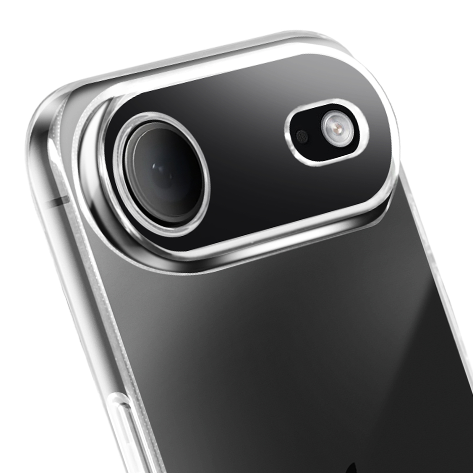 Primo piano della fotocamera di un telefono, racchiusa in plastica trasparente. Due lenti visibili su sfondo nero. La custodia è lucida.