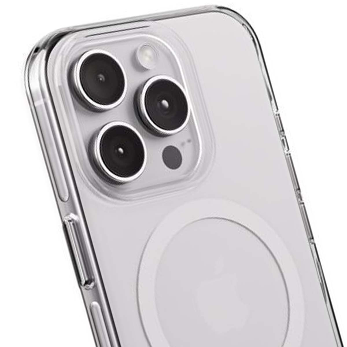 Custodia trasparente per telefono. Sono visibili gli obiettivi della fotocamera e un'area di ricarica magnetica rotonda. La custodia è trasparente.