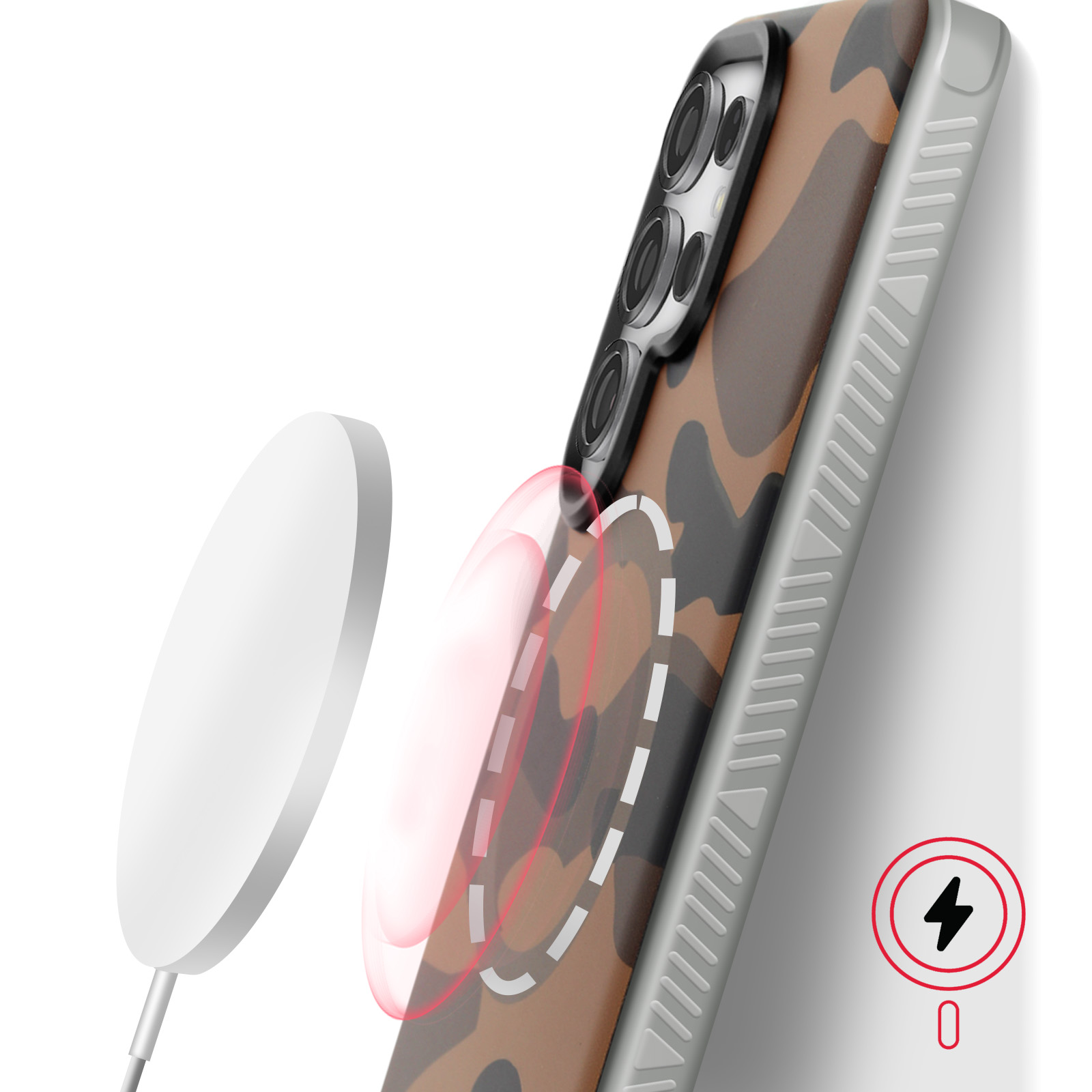 Custodia per telefono con motivo mimetico, accanto a un caricatore wireless. Linee rosse mostrano la ricarica. Simbolo del fulmine visibile.