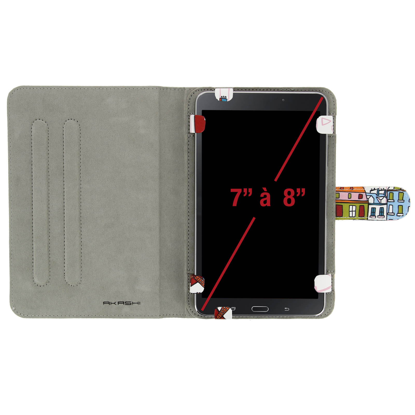 Un tablet in una custodia grigia Akashi, che mostra lo schermo con linee rosse che indicano la dimensione 7" à 8". La custodia ha un design colorato.