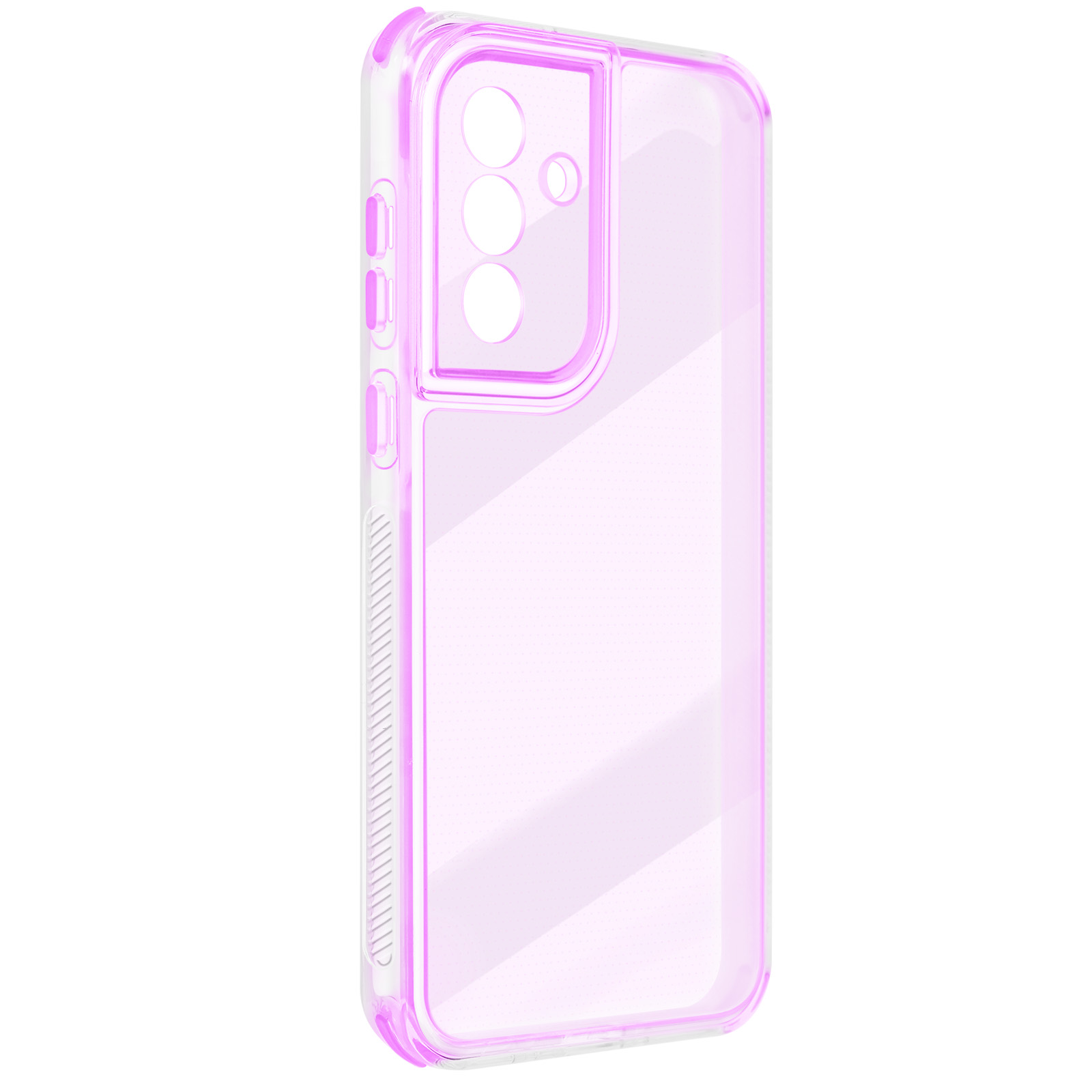 Een transparante telefoonhoes met roze omtrek. De hoes heeft openingen voor cameralenzen en knoppen, op een witte achtergrond.