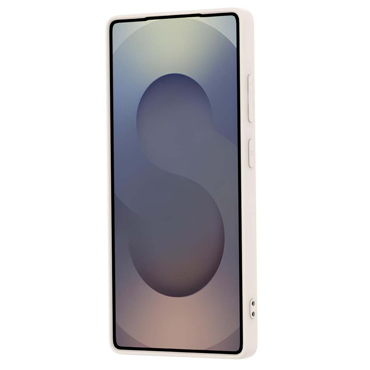 Uno smartphone bianco con uno schermo che mostra forme e colori astratti. I pulsanti del volume sono visibili sul lato destro.