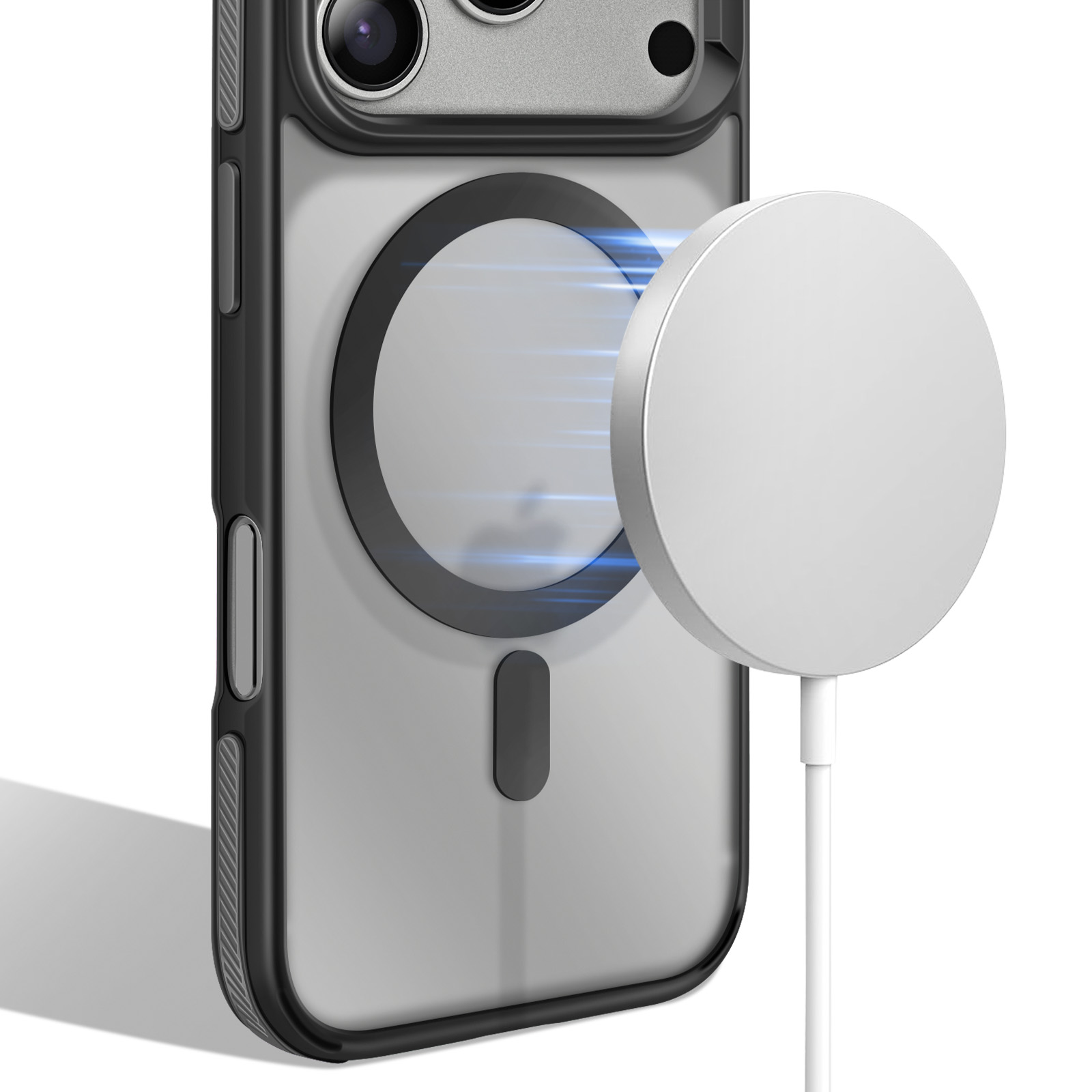 Una custodia per iPhone con caricatore MagSafe. La custodia è nera e grigia, con un caricatore bianco.