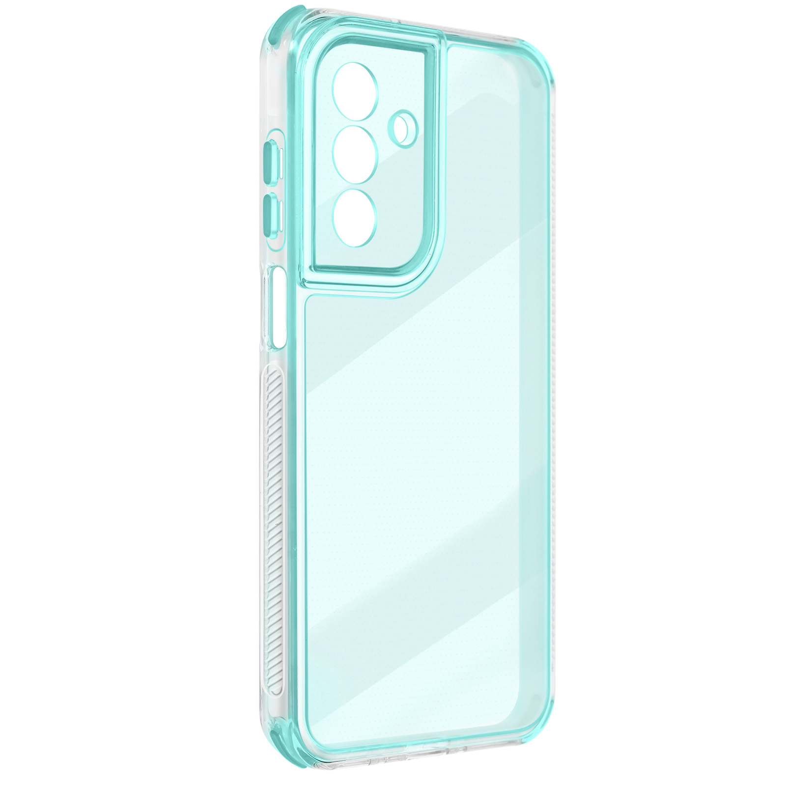 Une coque de téléphone transparente, turquoise. Comprend des découpes pour l'appareil photo et des boutons. Design transparent sur fond blanc.