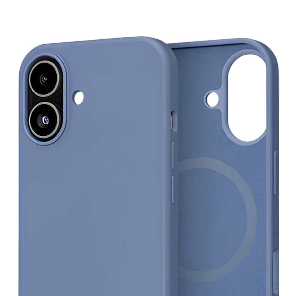 Primo piano di due custodie blu per telefono. Una mostra lenti della fotocamera e un pulsante. L'altra è aperta, rivelando un design circolare.