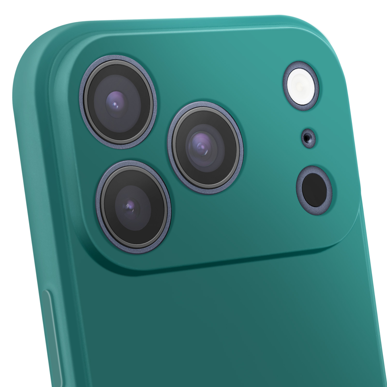 Primo piano del retro di uno smartphone verde acqua con tre obiettivi, un flash e un microfono.