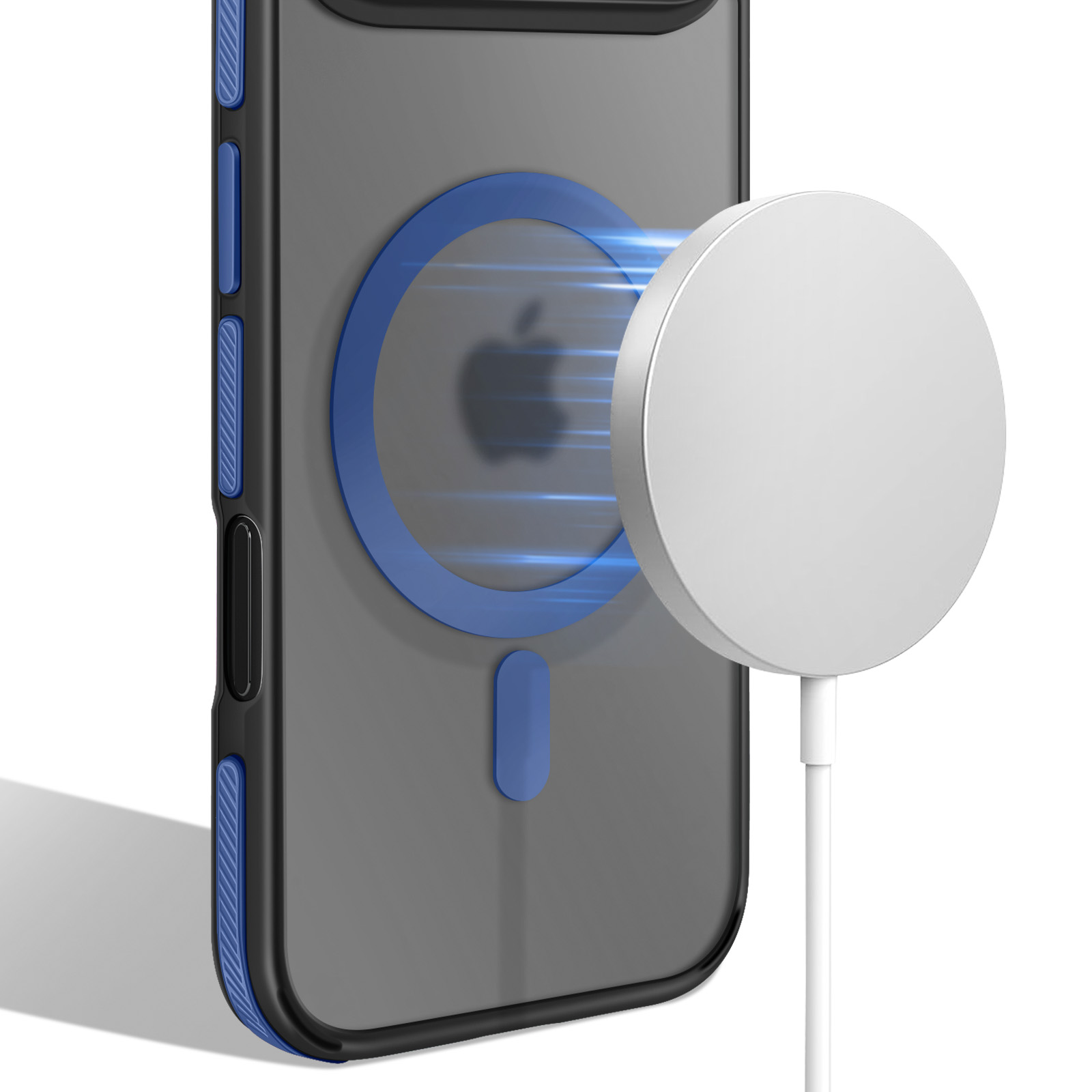 Un iPhone in una custodia con anello blu, un caricatore bianco e un cavo bianco. Il logo Apple è visibile.