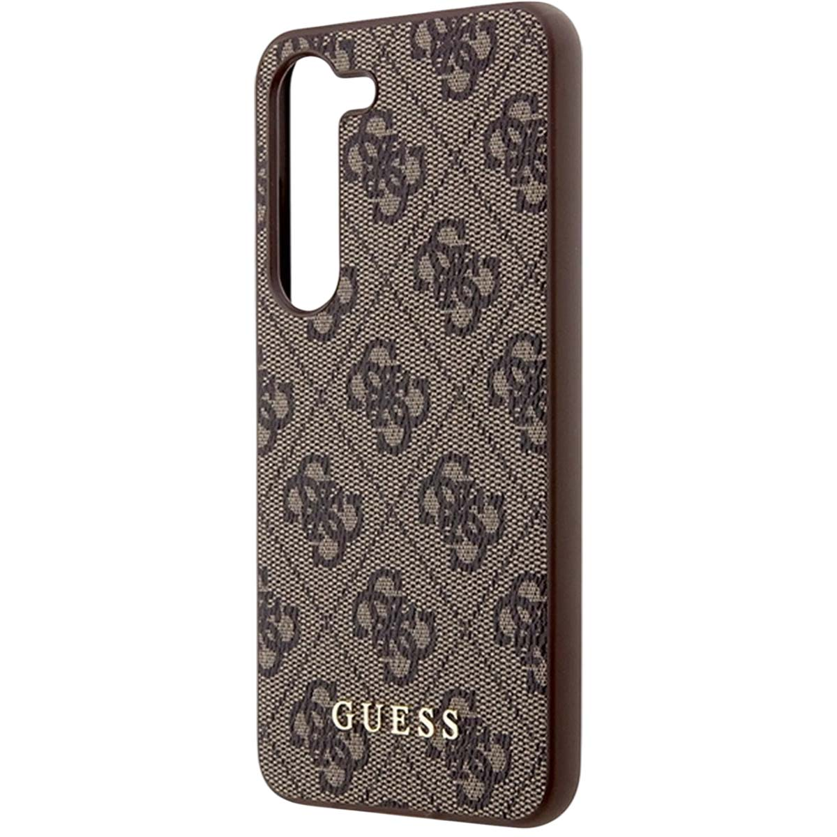 Una custodia per telefono con motivo Guess marrone. La custodia è marrone con il logo Guess in basso.