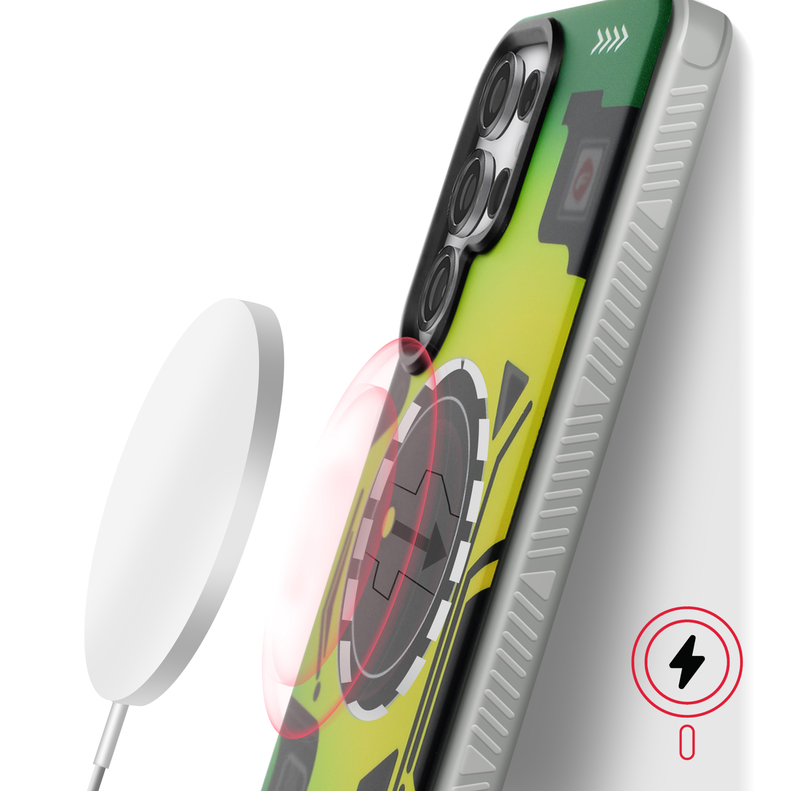 Un telefono in una custodia con design giallo e verde. Un caricabatterie bianco è vicino, con un simbolo di ricarica.