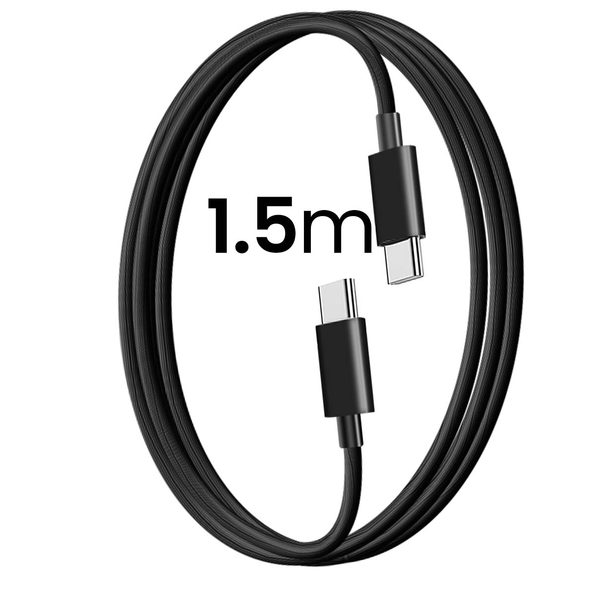 Un cavo USB-C nero, arrotolato e disposto a forma circolare. Il testo '1,5 m' è al centro.