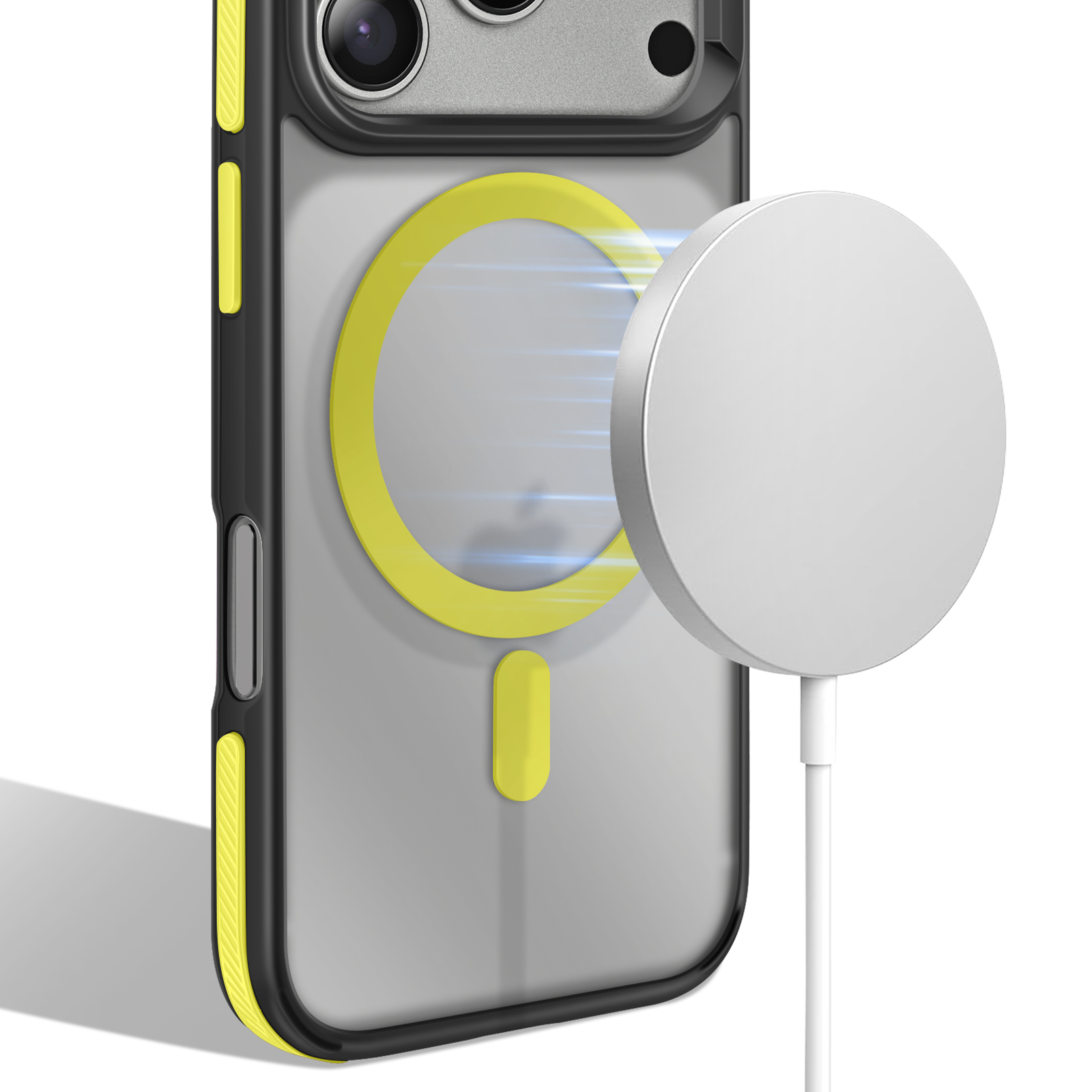Custodia per telefono con accenti gialli, un caricabatterie wireless e un cavo bianco. La custodia è nera e grigia.