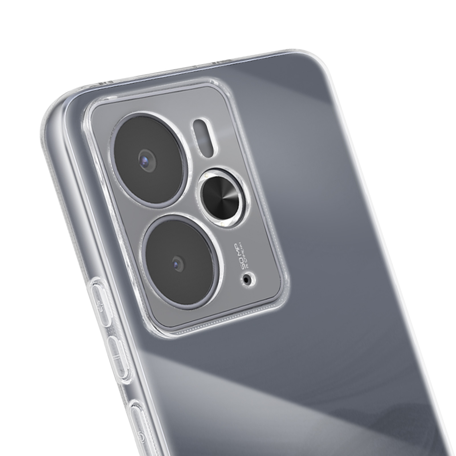 Primo piano di una custodia per telefono con lenti e pulsanti della fotocamera, plastica trasparente, su un telefono grigio, sfondo bianco.