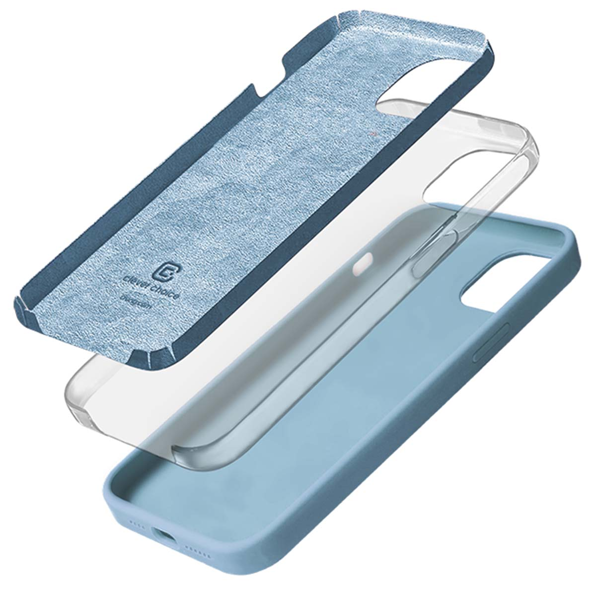 Custodia per telefono a tre strati. Strato esterno azzurro, strato intermedio trasparente e strato interno blu con logo.