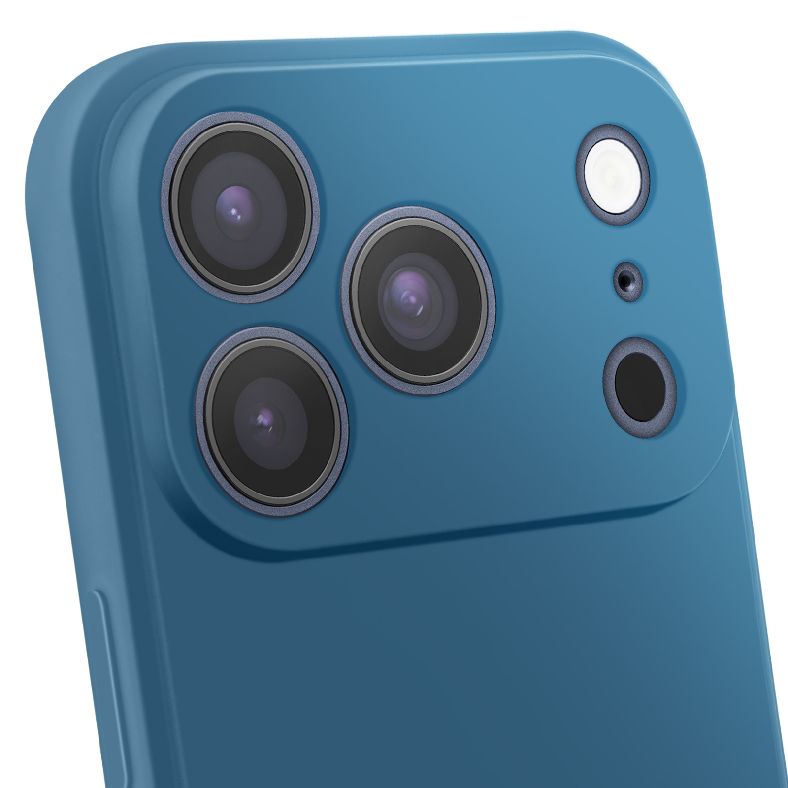 Primo piano della serie di fotocamere di uno smartphone blu. Ha quattro obiettivi, un flash e un microfono.