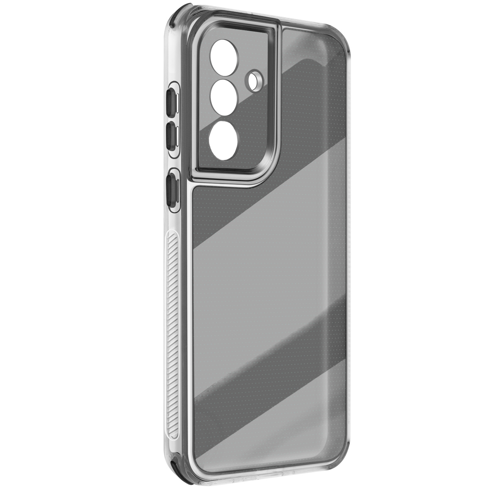 Custodia trasparente per telefono. Ha tre fori per la fotocamera e pulsanti laterali. Il retro ha un motivo diagonale grigio.