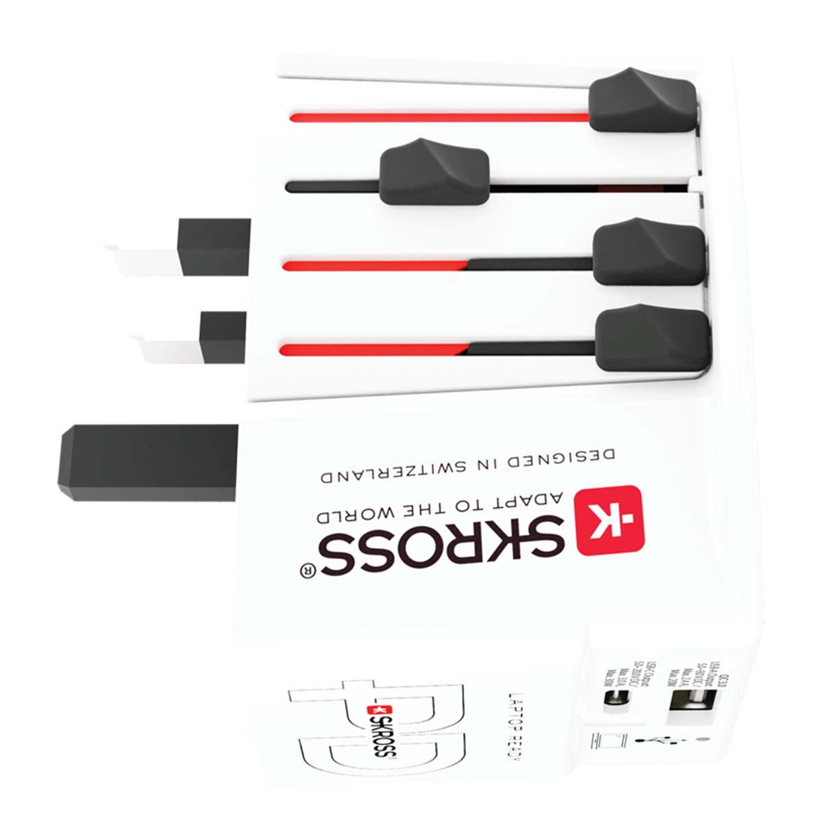 Adattatore bianco con cursori neri e dettagli rossi. Visibile il marchio SKROSS. Testo: 'Designed in Switzerland' e 'Adapt to the world'.