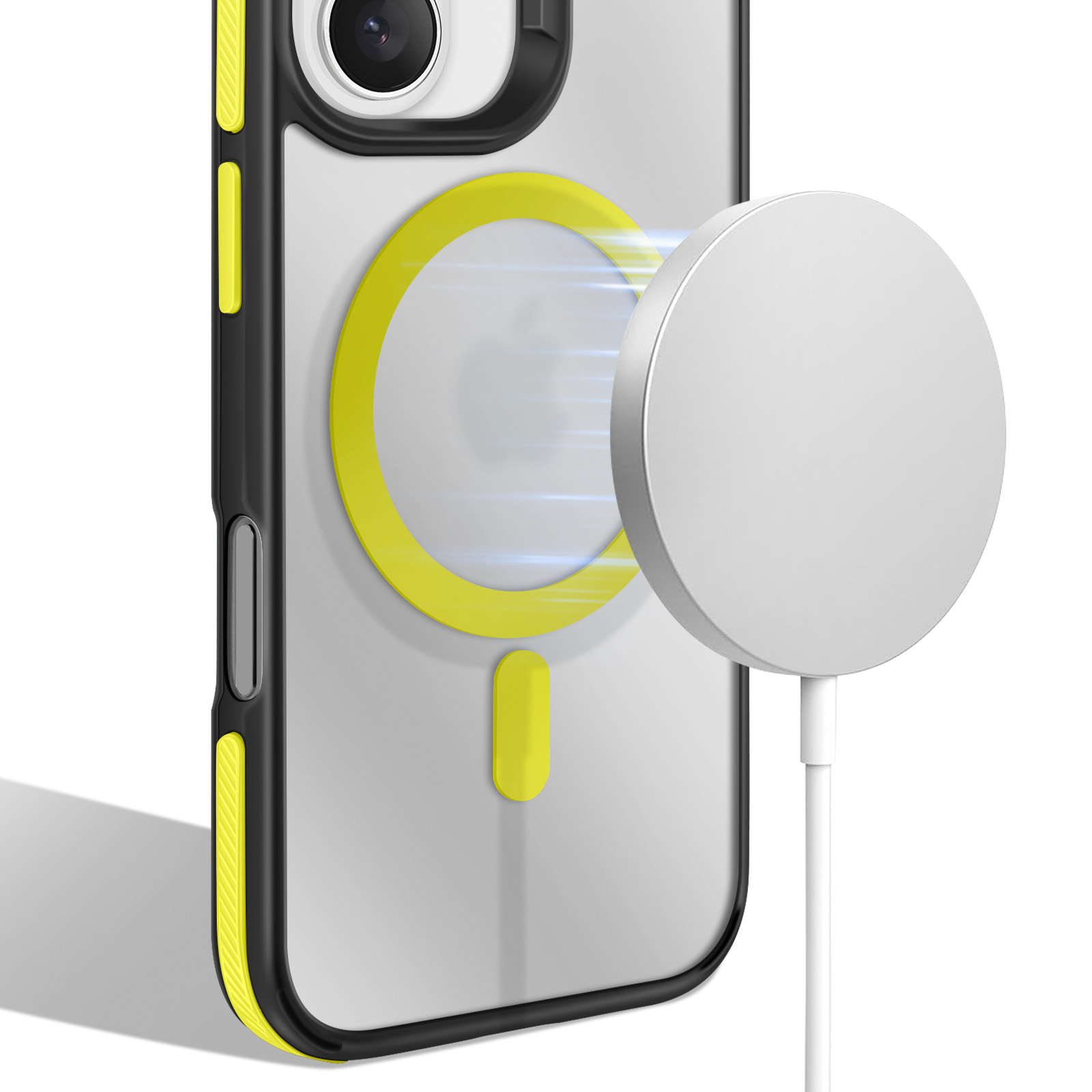 Un telefono in una custodia con finiture gialle accanto a un caricatore wireless bianco. La fotocamera del telefono è visibile.