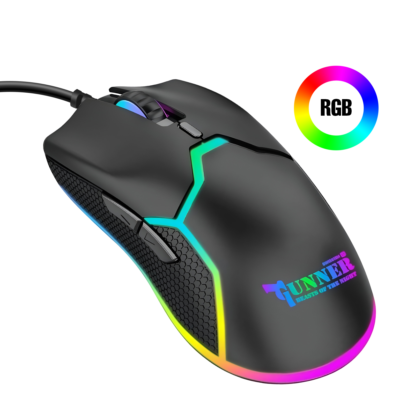 Schwarze Gaming-Maus mit RGB-Beleuchtung. Mit Gunner-Logo. RGB-Kreis rechts.