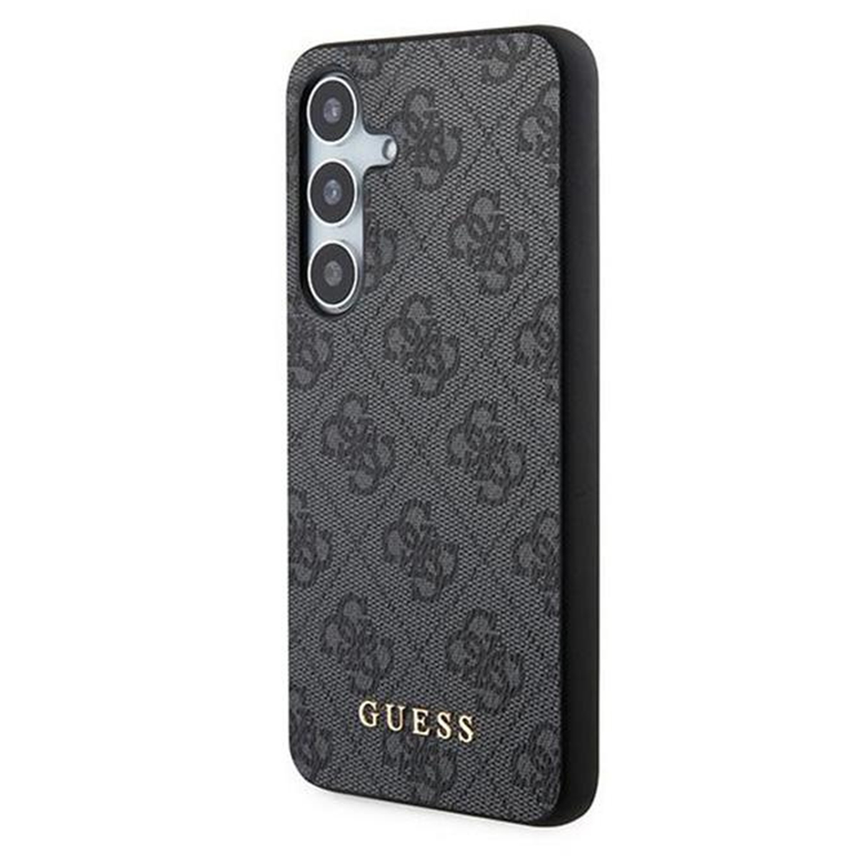 Una custodia per telefono con logo Guess. La custodia è nera con un motivo ripetuto. Ha fori per la fotocamera.