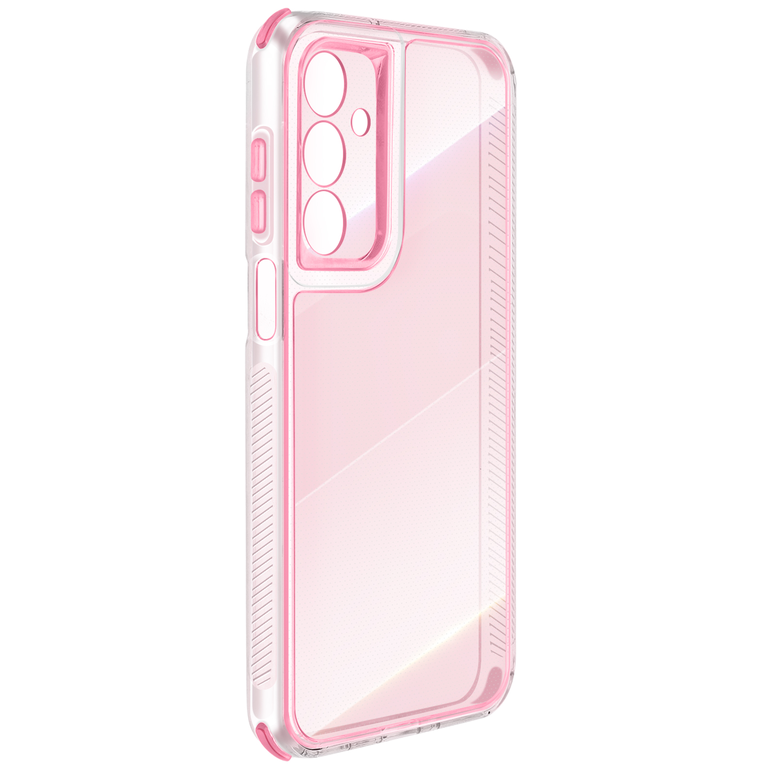 Una custodia trasparente per telefono con dettagli rosa. Ha ritagli per la fotocamera e i pulsanti. Su sfondo bianco.