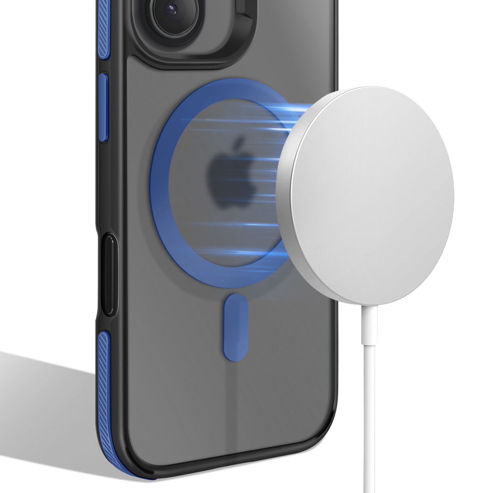 Un iPhone in una custodia con un pad di ricarica. La custodia è nera e blu. Il pad è bianco.