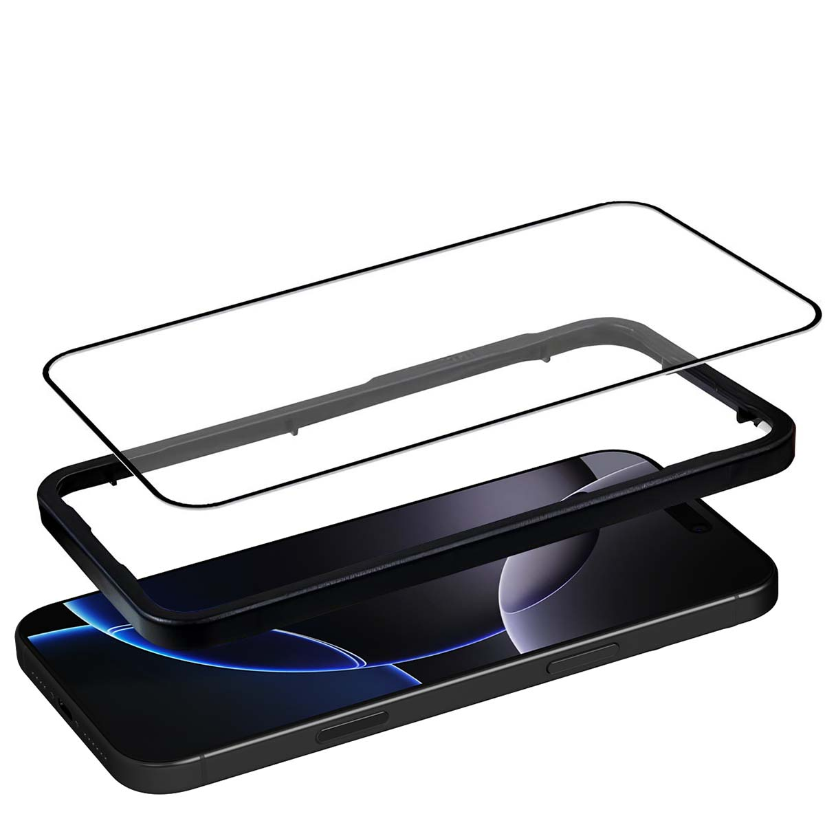 Un telefono con custodia nera e protezione schermo trasparente è mostrato smontato. Lo schermo mostra un motivo blu e bianco.