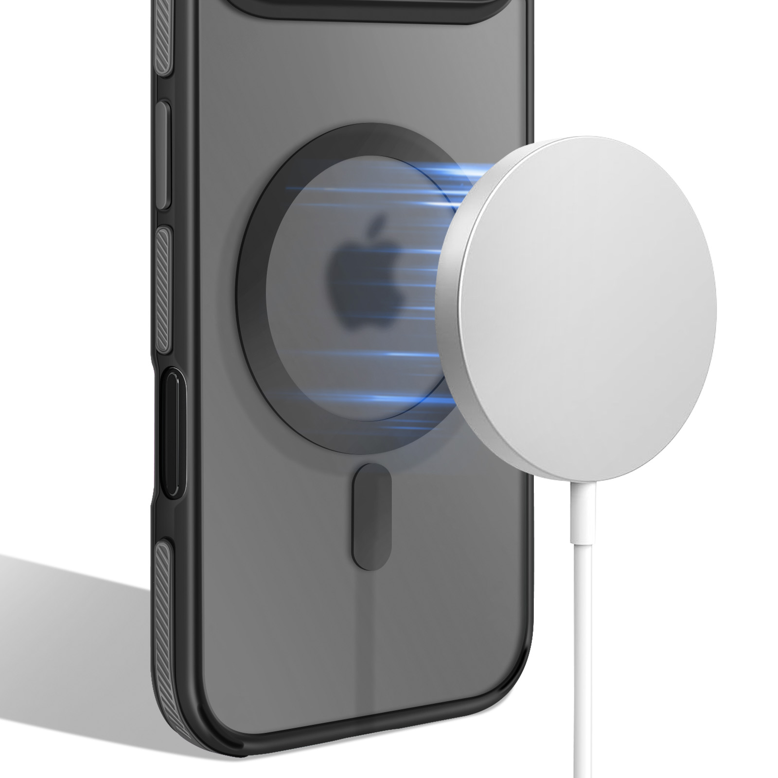 Un iPhone in una custodia si carica in modalità wireless con un caricatore circolare bianco. Il logo Apple è visibile.