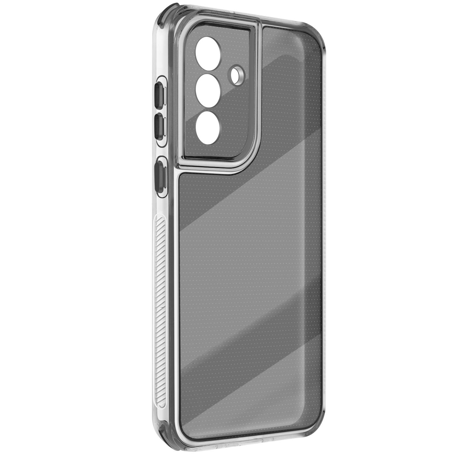 Een doorzichtige telefoonhoes met uitsparing voor de camera. Het heeft knoppen aan de zijkant.