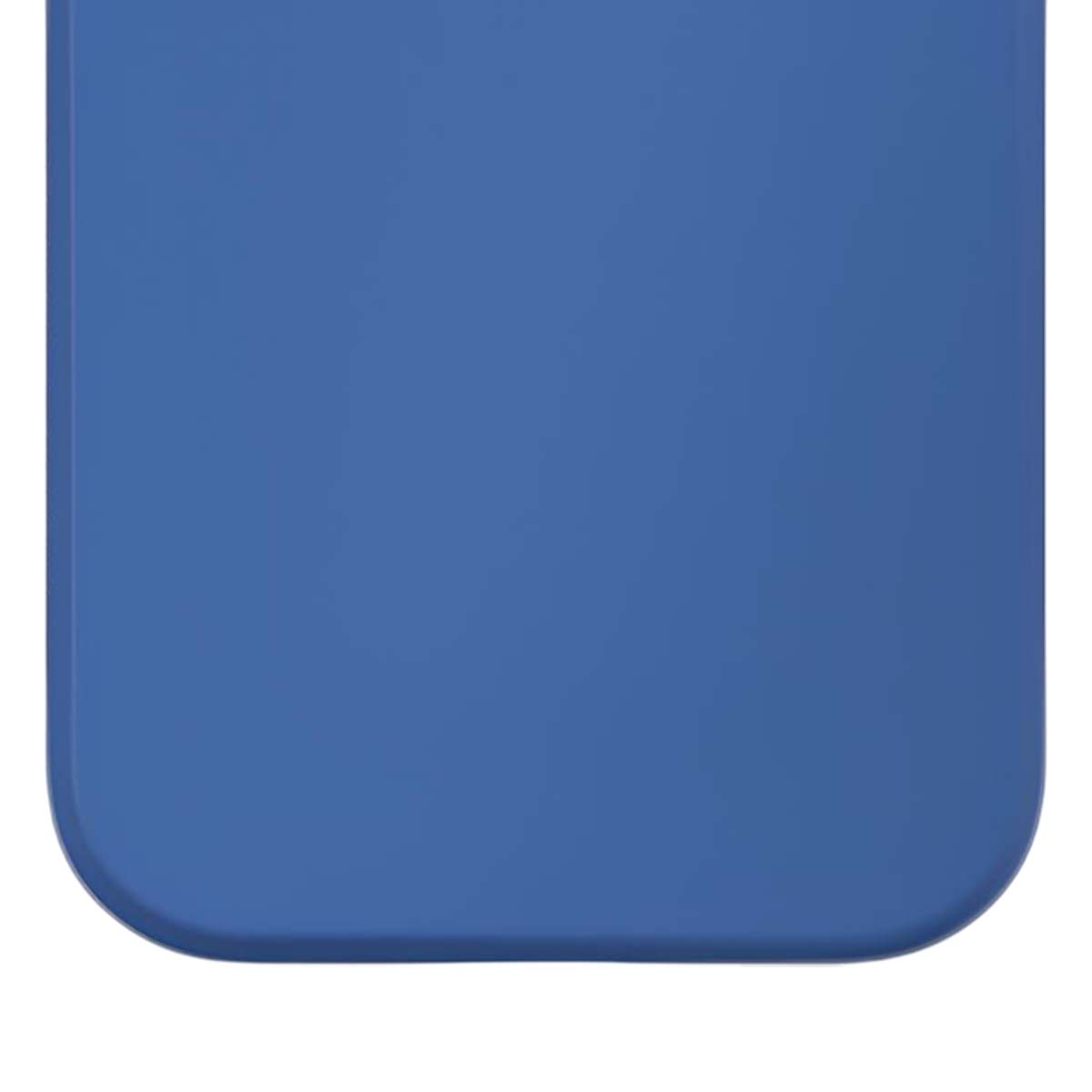 Primo piano di un oggetto blu con angoli arrotondati. Lo sfondo è bianco.