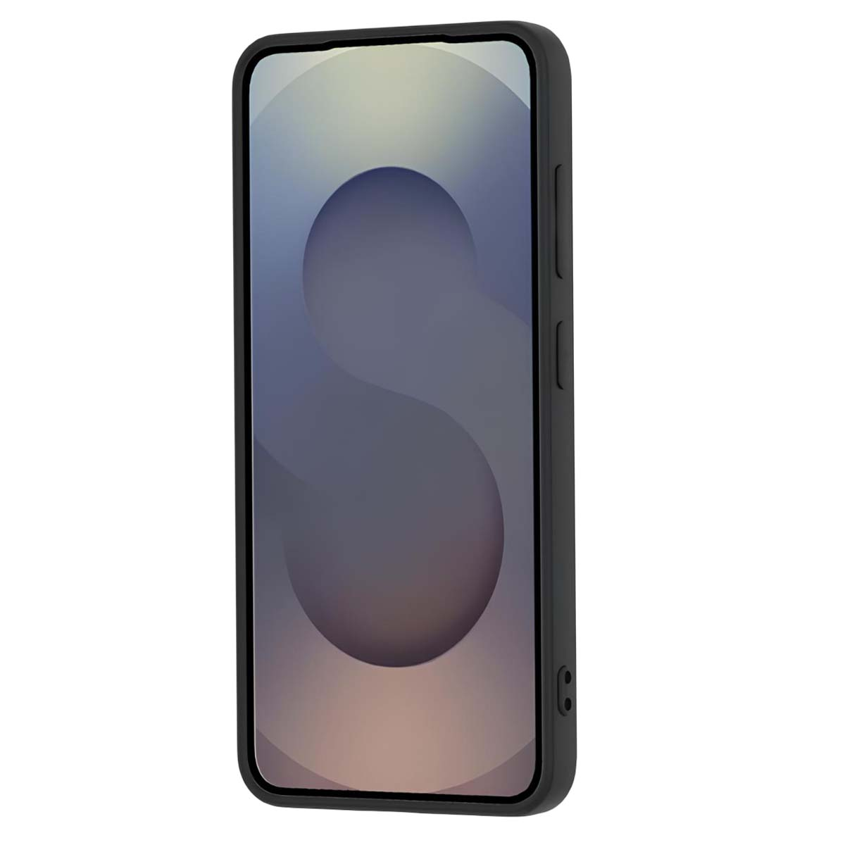 Uno smartphone nero in una custodia, che mostra un design astratto grigio e bianco sullo schermo. Il telefono è verticale.