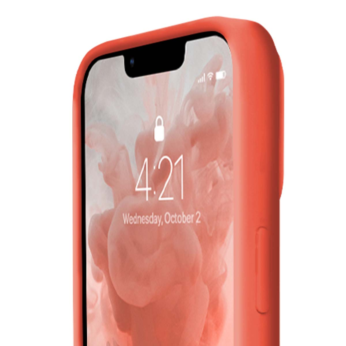 Primo piano di uno schermo di telefono che mostra le 4:21, mercoledì 2 ottobre, all'interno di una custodia arancione.