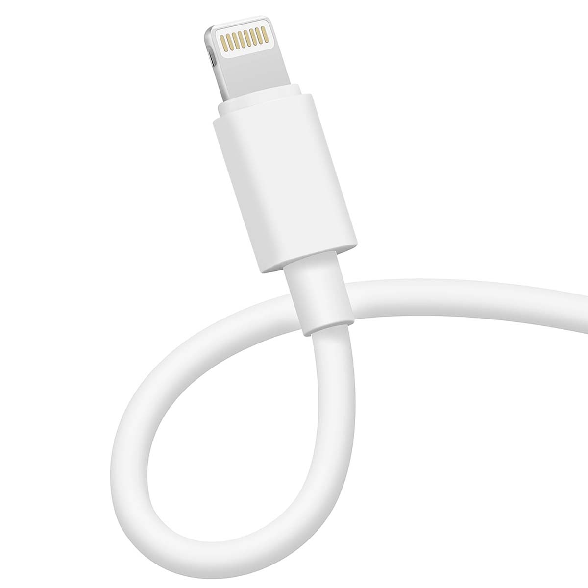 Un câble Lightning blanc pour appareils Apple. Le câble est plié en boucle. Le connecteur est argenté.
