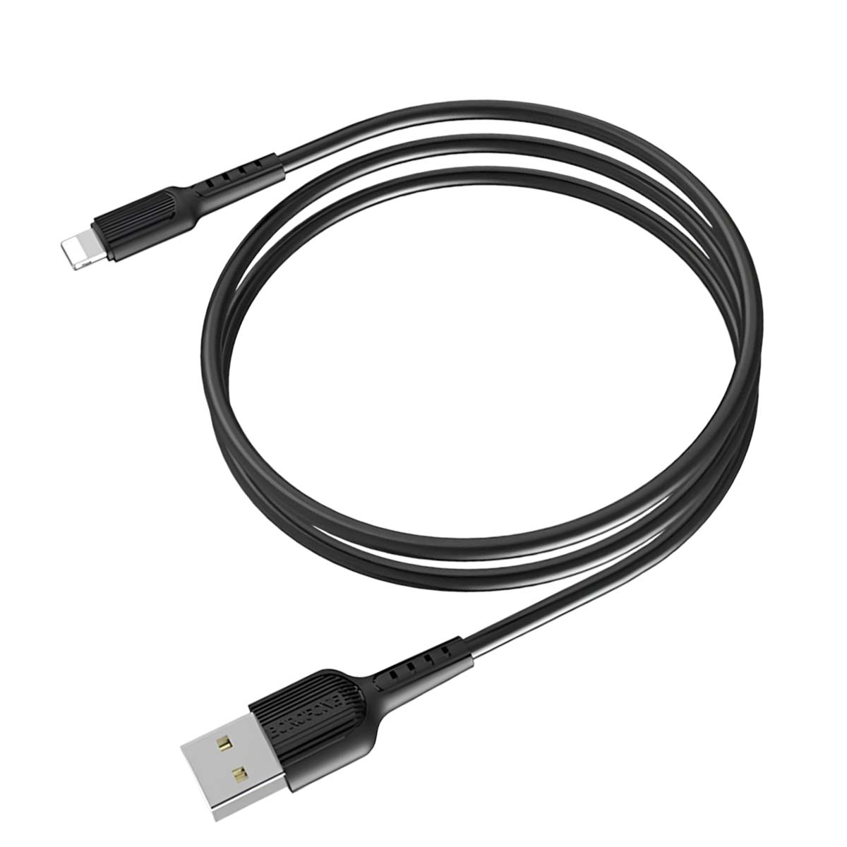 Un cavo di ricarica USB nero con connettore Lightning e USB, arrotolato su sfondo bianco.