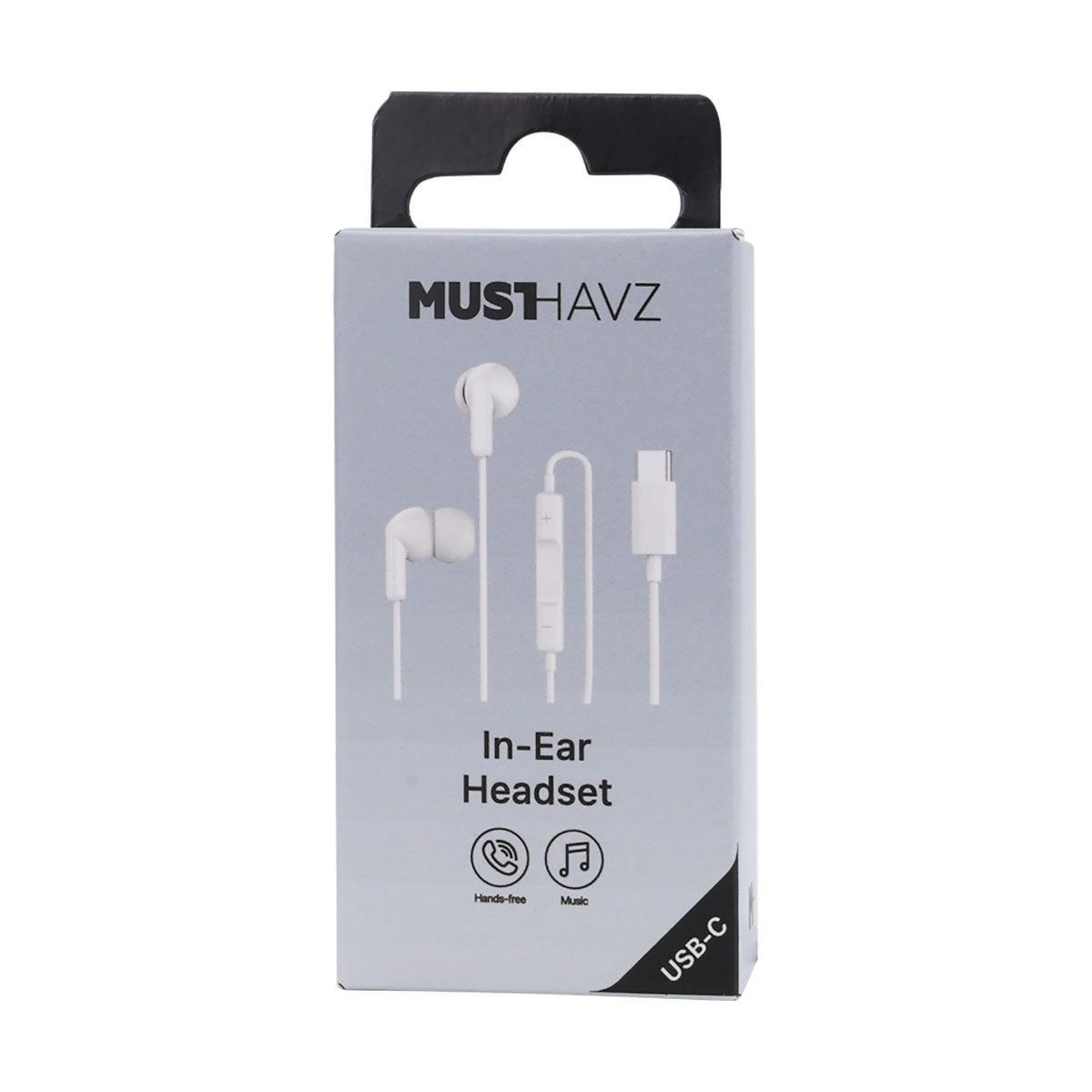 Un auricolare bianco in-ear in una scatola grigia con il marchio 'MUSTHAVZ'. La scatola ha anche un'etichetta USB-C.