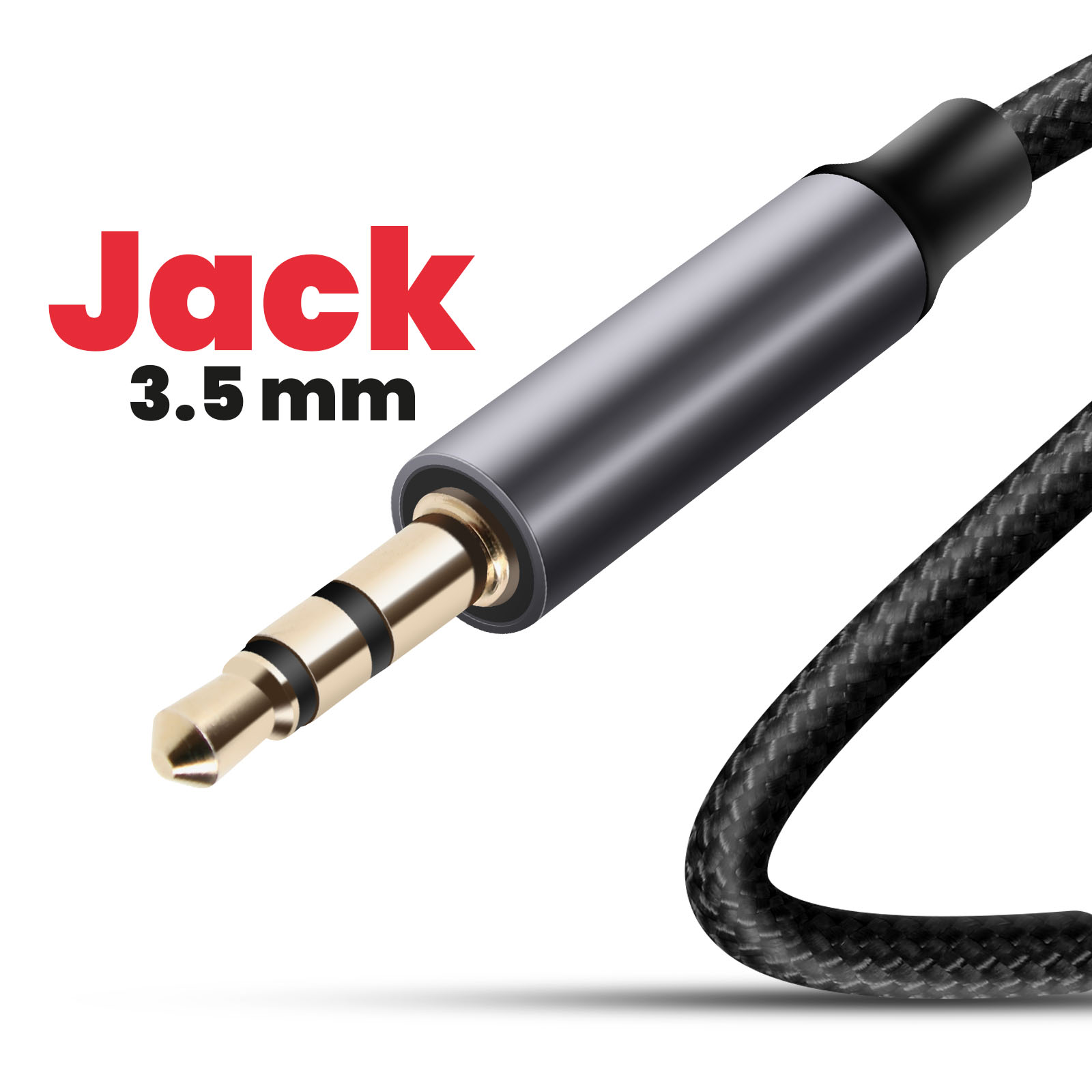 Primo piano di un jack audio da 3,5 mm con un cavo nero e grigio. Il testo 'Jack 3.5 mm' è nell'angolo in alto a sinistra.