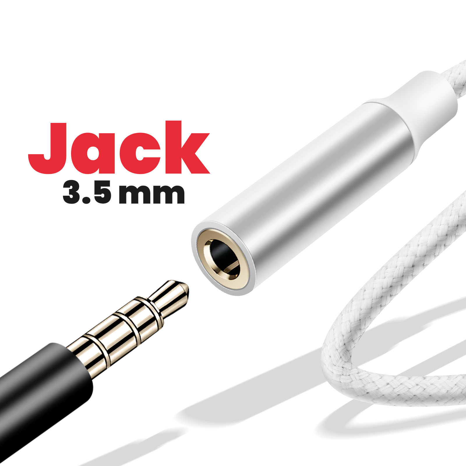 Un jack audio da 3,5 mm e una presa sono visualizzati, con un cavo bianco. La parola 'Jack' e '3,5 mm' sono rispettivamente in rosso e nero.