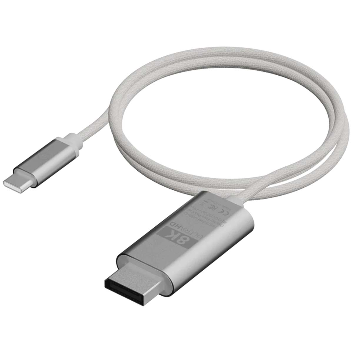 Un cavo USB-C 8K UltraHD bianco e argento. Ha un connettore USB-C a un'estremità e un connettore Lightning all'altra.