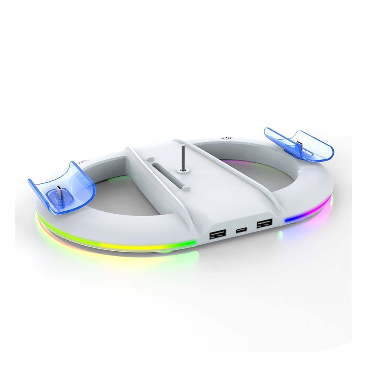 Estación de carga blanca para dos controladores con detalles azules y luces LED coloridas. Incluye puertos USB y bases de carga.