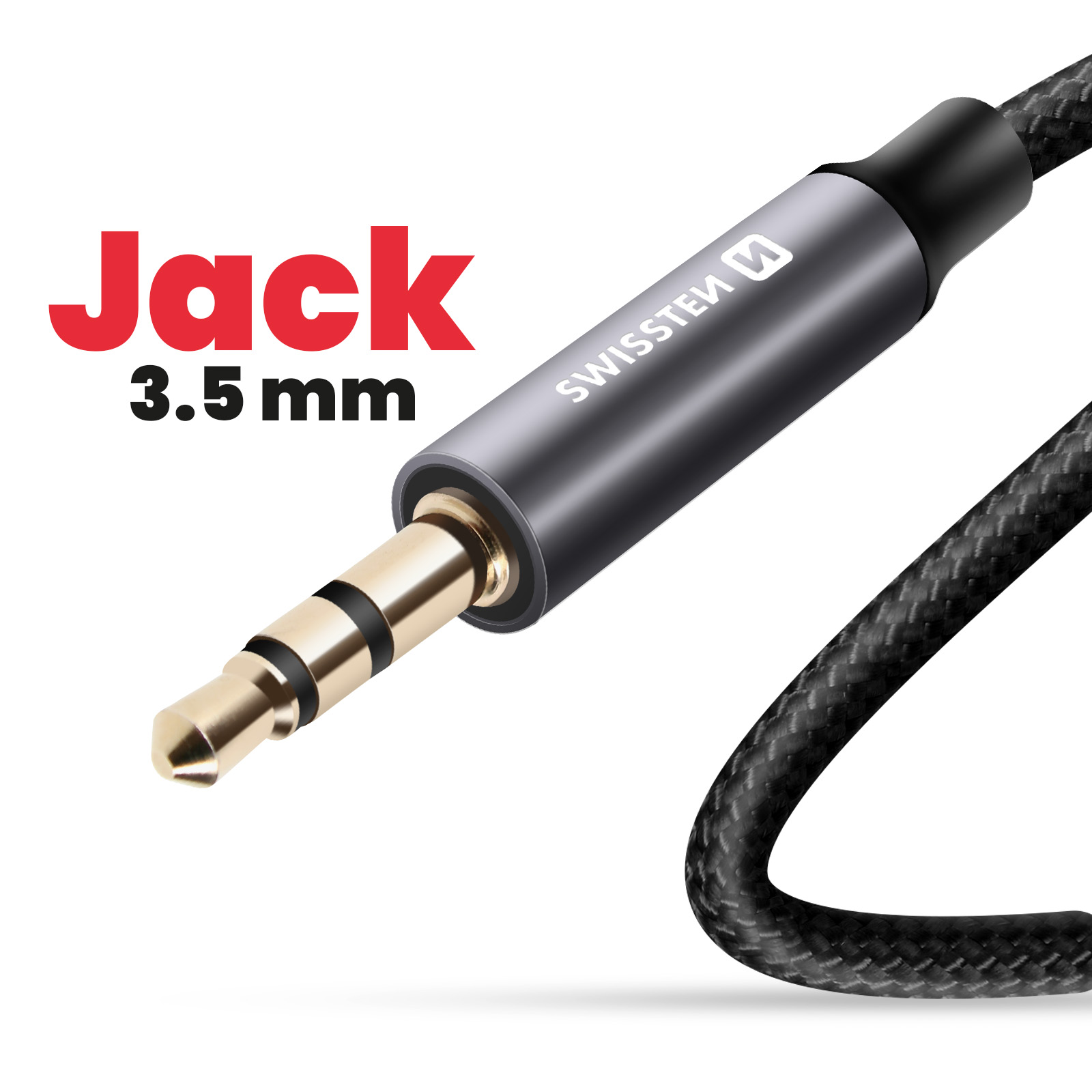 Ein 3,5-mm-Klinkenkabel. Der goldene Stecker befindet sich links. Das Kabel ist schwarz und die Marke heißt Swisssten.