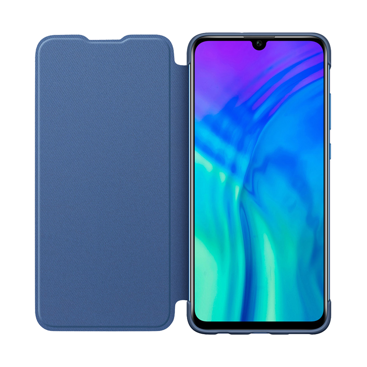 Una custodia blu per telefono è aperta, rivelando uno smartphone. Lo schermo mostra una sfumatura blu e viola.