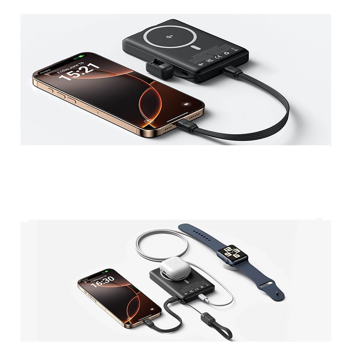 Deux smartphones, une montre connectée, des AirPods et une station de recharge sont affichés sur fond blanc.
