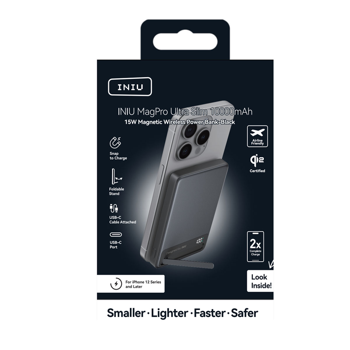 Une batterie externe INIU MagPro noire et grise est attachée à un téléphone. Le texte comprend des fonctionnalités et « Plus petit, plus léger, plus rapide, plus sûr ».
