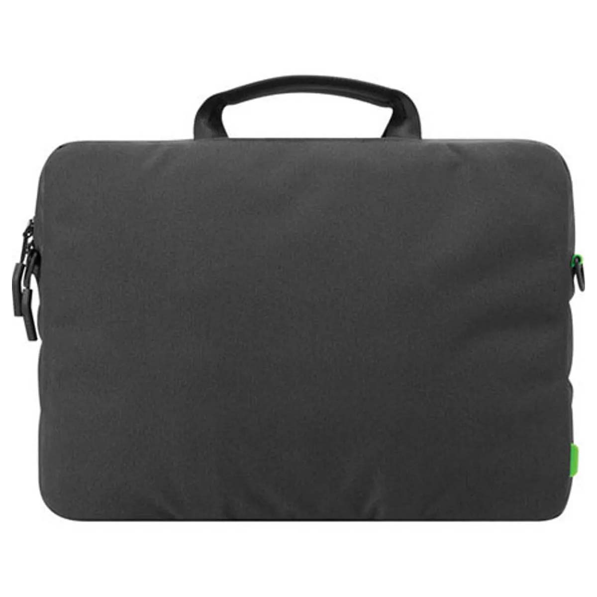 Una borsa per laptop grigio scuro con manico in alto. Ha una cerniera e una piccola etichetta verde sul lato.